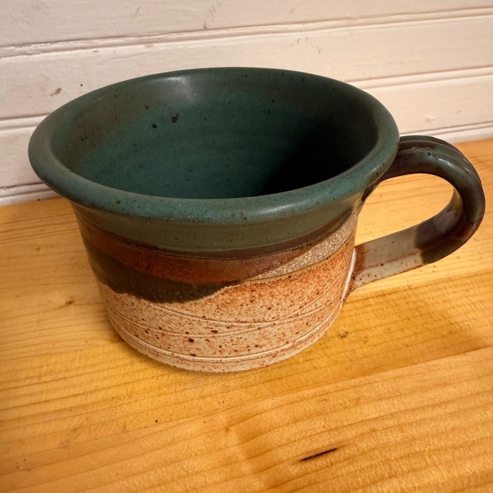 Handmade studio pottery coffee Mug Teal Brown Rustic Glaze Textured soup chili